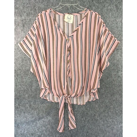 Fantastic Fawn Women’s Large Lightweight Top Short Sleeve Pink Striped Tie Front - Picture 1 of 10